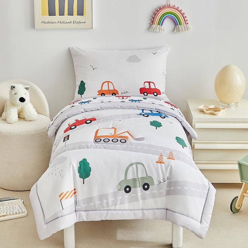 DuShow 4 Pieces Cars Toddler Bedding Set for Boys,Soft Toddler Bed Set in a Bag,Toddler Bed Comforter Set Includes Quilted Comforter, Flat Sheet, Fitted Sheet and Pillowcase - Image 1